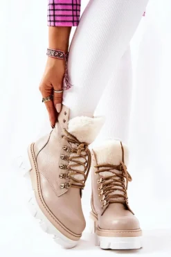 New Boto Ocieplane Skórzane Botki Workery Beżowe Lecolly