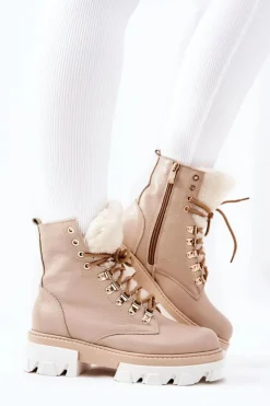New Boto Ocieplane Skórzane Botki Workery Beżowe Lecolly
