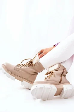 New Boto Ocieplane Skórzane Botki Workery Beżowe Lecolly