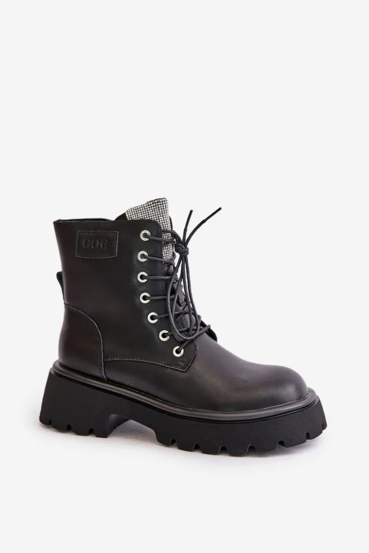 GOE Botki Ocieplane|Czarne Botki*Ocieplane Skórzane Botki Workery Damskie Z Cyrkoniami OO2N4125 Czarne