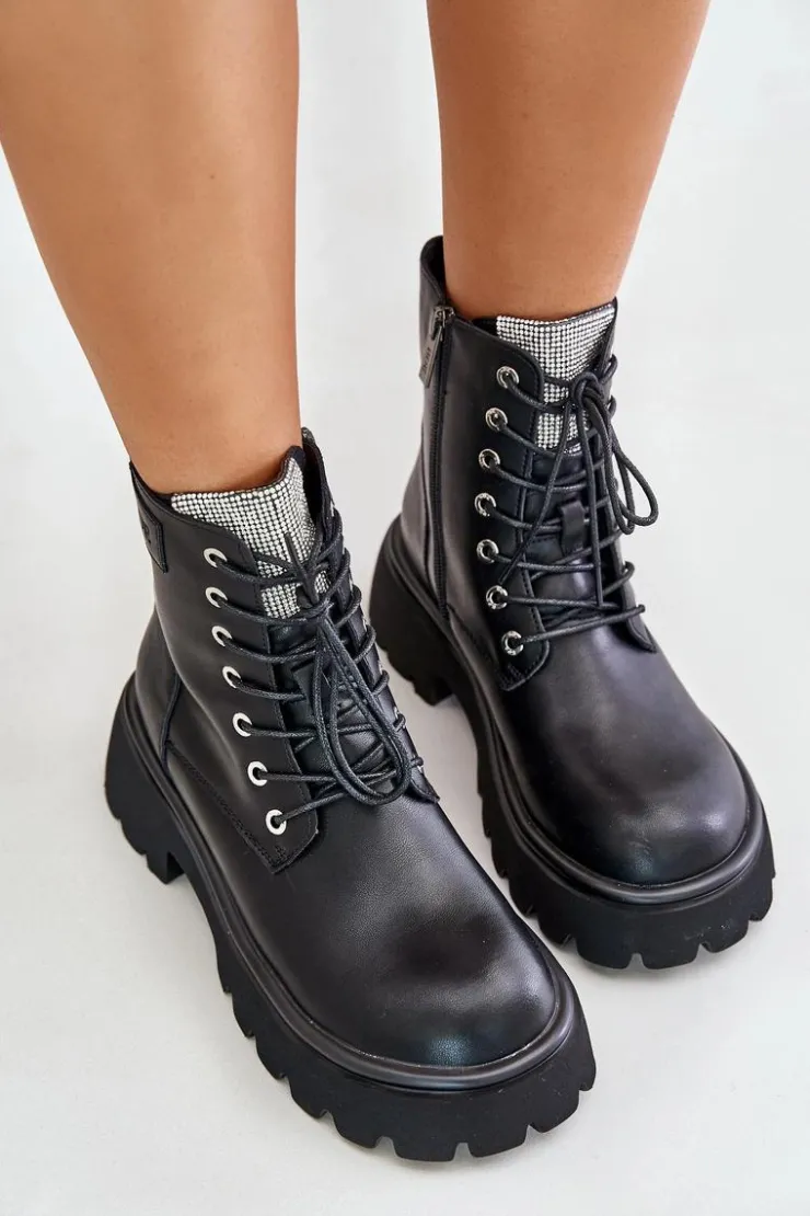 GOE Botki Ocieplane|Czarne Botki*Ocieplane Skórzane Botki Workery Damskie Z Cyrkoniami OO2N4125 Czarne