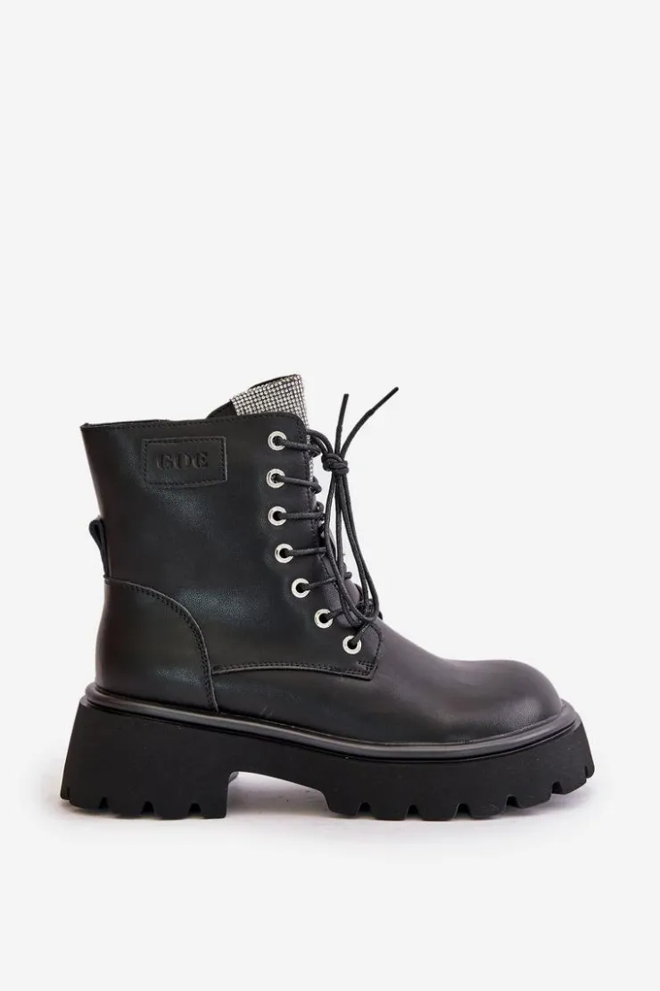 GOE Botki Ocieplane|Czarne Botki*Ocieplane Skórzane Botki Workery Damskie Z Cyrkoniami OO2N4125 Czarne