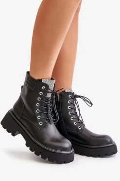 GOE Botki Ocieplane|Czarne Botki*Ocieplane Skórzane Botki Workery Damskie Z Cyrkoniami OO2N4125 Czarne