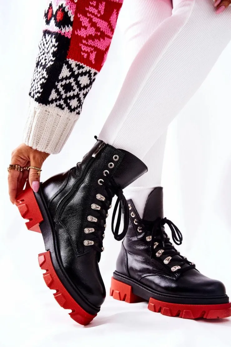 Damskie Boto Ocieplane Skórzane Botki Workery Czarne Kelley