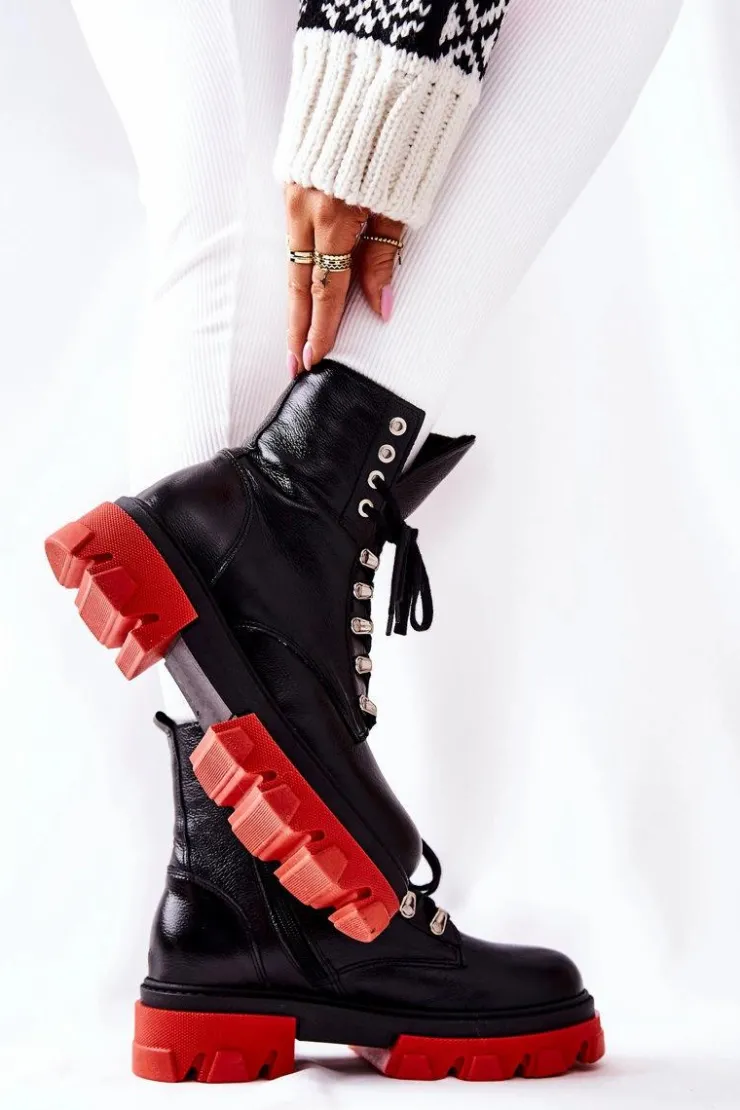 Damskie Boto Ocieplane Skórzane Botki Workery Czarne Kelley