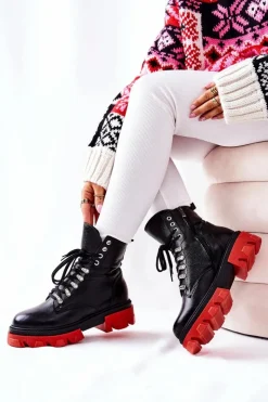 Damskie Boto Ocieplane Skórzane Botki Workery Czarne Kelley