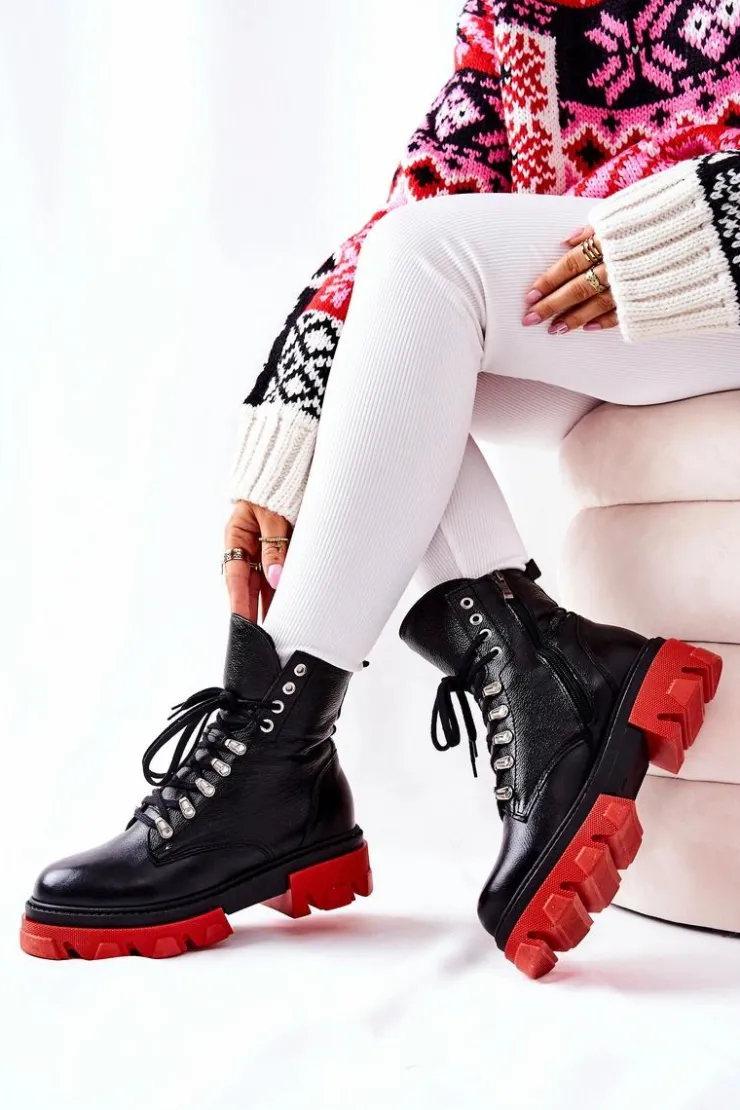 Damskie Boto Ocieplane Skórzane Botki Workery Czarne Kelley