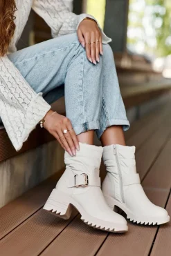 Discount Boto Ocieplane Skórzane Botki Z Klamrą Beżowe Osonia