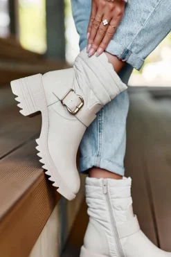 Discount Boto Ocieplane Skórzane Botki Z Klamrą Beżowe Osonia