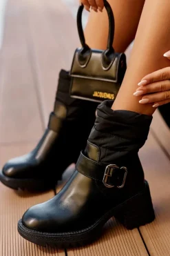 Boto Botki Ocieplane|Czarne Botki*Ocieplane Skórzane Botki Z Klamrą Czarne Osonia Czarny