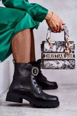 Damskie Damskie buty S.Barski Ocieplane Skórzane Botki Z Ozdobą Czarne Blandi