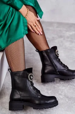 Damskie Damskie buty S.Barski Ocieplane Skórzane Botki Z Ozdobą Czarne Blandi