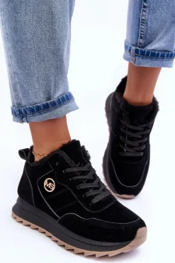 Boto Sneakersy Damskie*Ocieplane Skórzane Buty Sportowe Na Platformie Czarne Adite