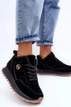 Boto Sneakersy Damskie*Ocieplane Skórzane Buty Sportowe Na Platformie Czarne Adite