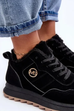 Boto Sneakersy Damskie*Ocieplane Skórzane Buty Sportowe Na Platformie Czarne Adite