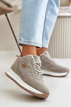 Best Boto Ocieplane Skórzane Buty Sportowe Na Platformie Szare Adite