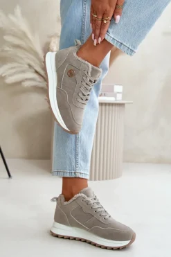 Best Boto Ocieplane Skórzane Buty Sportowe Na Platformie Szare Adite