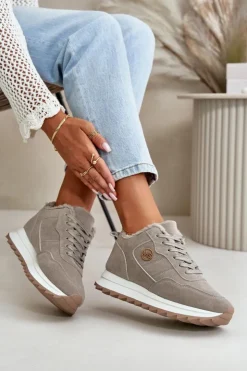 Best Boto Ocieplane Skórzane Buty Sportowe Na Platformie Szare Adite