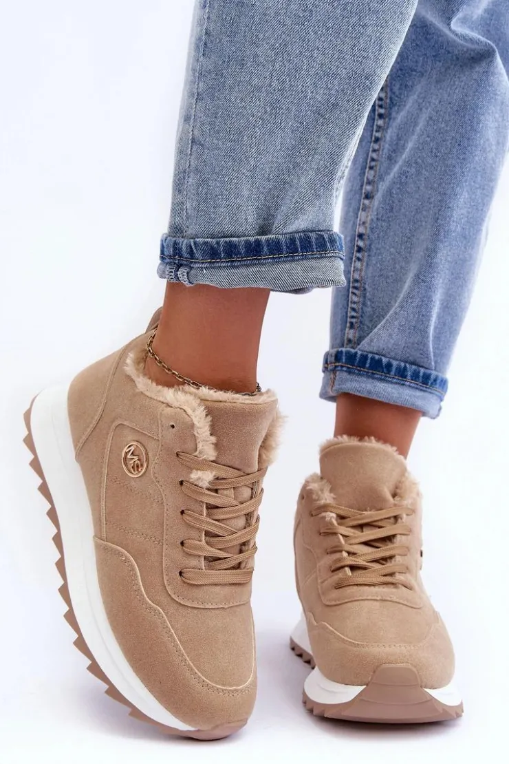Best Boto Ocieplane Skórzane Buty Sportowe Na Platformie Ciemnobeżowe Adite