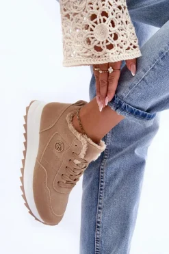 Best Boto Ocieplane Skórzane Buty Sportowe Na Platformie Ciemnobeżowe Adite