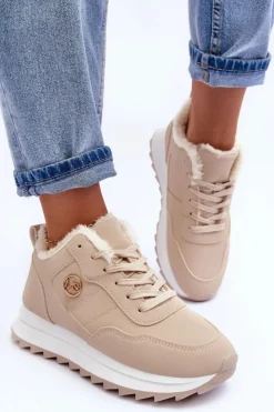 Damskie Boto Ocieplane Skórzane Buty Sportowe Na Platformie Beżowe Adite