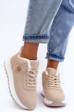 Damskie Boto Ocieplane Skórzane Buty Sportowe Na Platformie Beżowe Adite