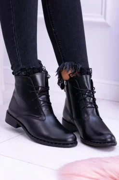 Outlet Boto Ocieplane Skórzane Czarne Damskie Botki Z Koronką Millano