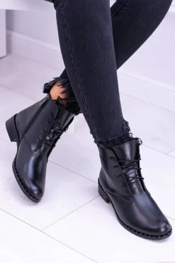 Outlet Boto Ocieplane Skórzane Czarne Damskie Botki Z Koronką Millano