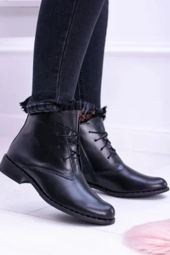 Outlet Boto Ocieplane Skórzane Czarne Damskie Botki Z Koronką Millano