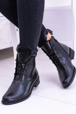 Outlet Boto Ocieplane Skórzane Czarne Damskie Botki Z Koronką Millano