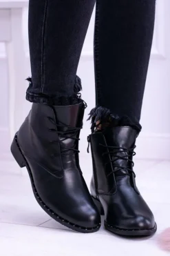 Outlet Boto Ocieplane Skórzane Czarne Damskie Botki Z Koronką Millano