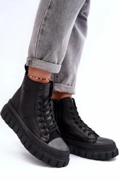 Damskie Big Star Shoes Ocieplane Skórzane Trampki Na Zamek Big Star MM274625 Czarne