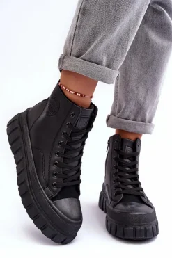 Damskie Big Star Shoes Ocieplane Skórzane Trampki Na Zamek Big Star MM274625 Czarne