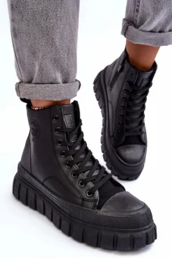 Damskie Big Star Shoes Ocieplane Skórzane Trampki Na Zamek Big Star MM274625 Czarne