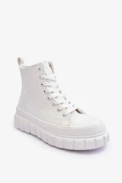 Big Star Shoes Trampki Damskie Big Star|Trampki Damskie Wysokie*Ocieplane Skórzane Trampki Na Zamek Big Star MM274624 Białe Biały