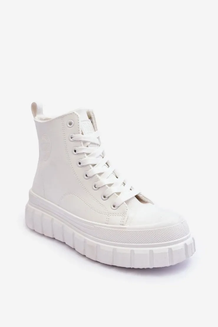 Big Star Shoes Trampki Damskie Big Star|Trampki Damskie Wysokie*Ocieplane Skórzane Trampki Na Zamek Big Star MM274624 Białe Biały