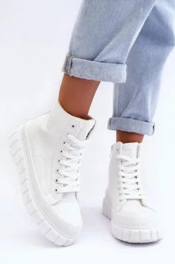 Big Star Shoes Trampki Damskie Big Star|Trampki Damskie Wysokie*Ocieplane Skórzane Trampki Na Zamek Big Star MM274624 Białe Biały