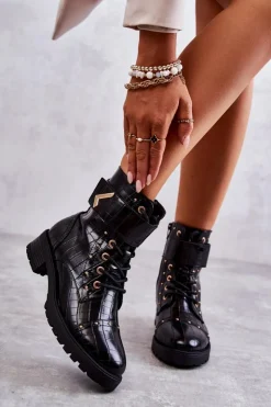 Boto Botki Sznurowane|Czarne Botki*Ocieplane Skórzane Wężowe Botki Czarne Colira