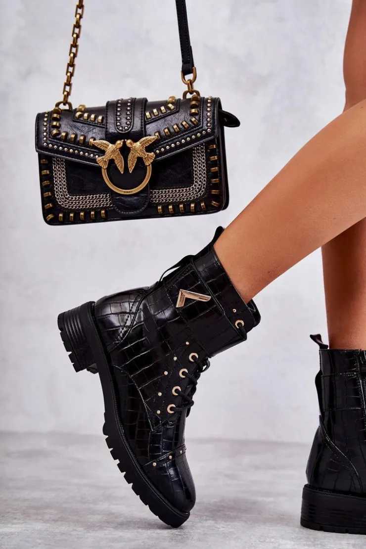 Boto Botki Sznurowane|Czarne Botki*Ocieplane Skórzane Wężowe Botki Czarne Colira