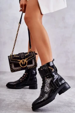 Boto Botki Sznurowane|Czarne Botki*Ocieplane Skórzane Wężowe Botki Czarne Colira