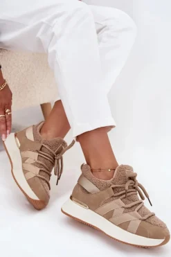 Clearance Boto Ocieplane Sneakersy Damskie Na Platformie Beżowe Juvira