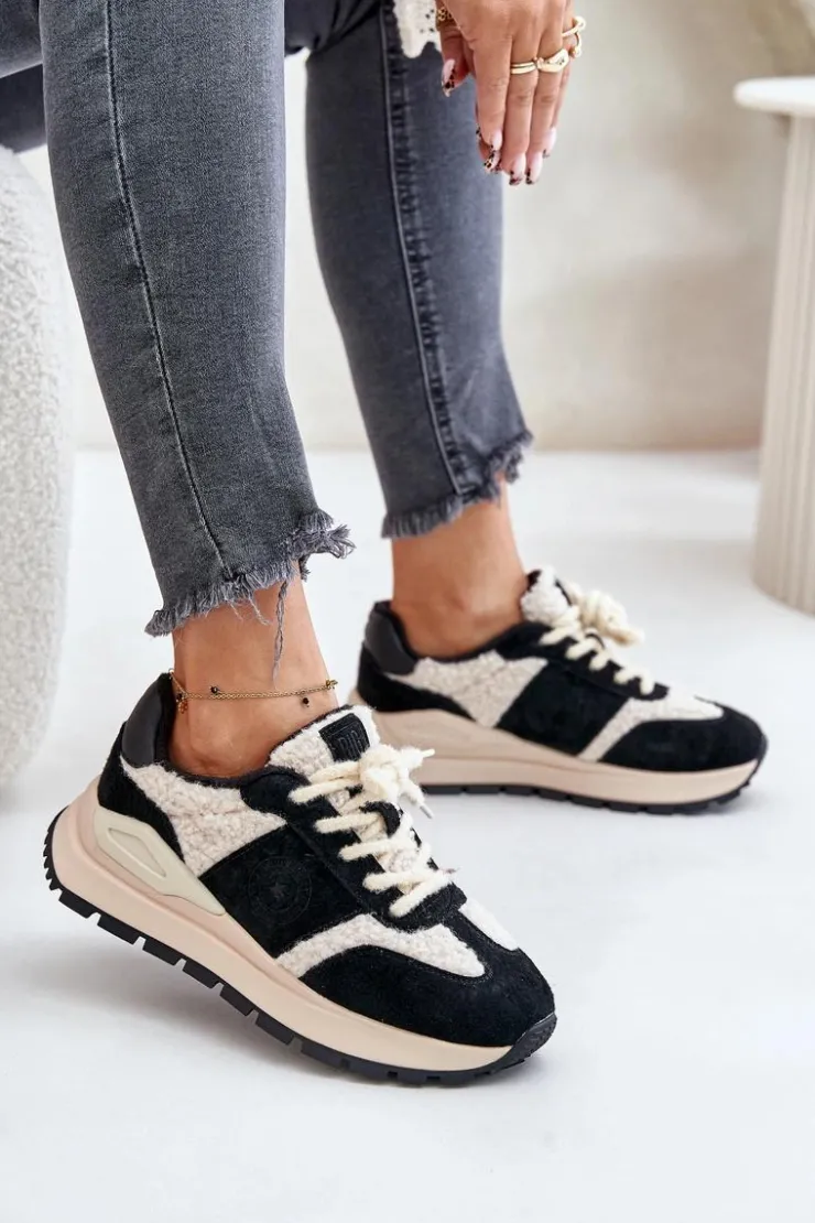 Big Star Shoes Buty Sportowe Big Star|Sneakersy Damskie*Ocieplane Sneakersy Damskie Skórzane Big Star OO274A318 HI-POLY SYSTEM Czarne Czarny