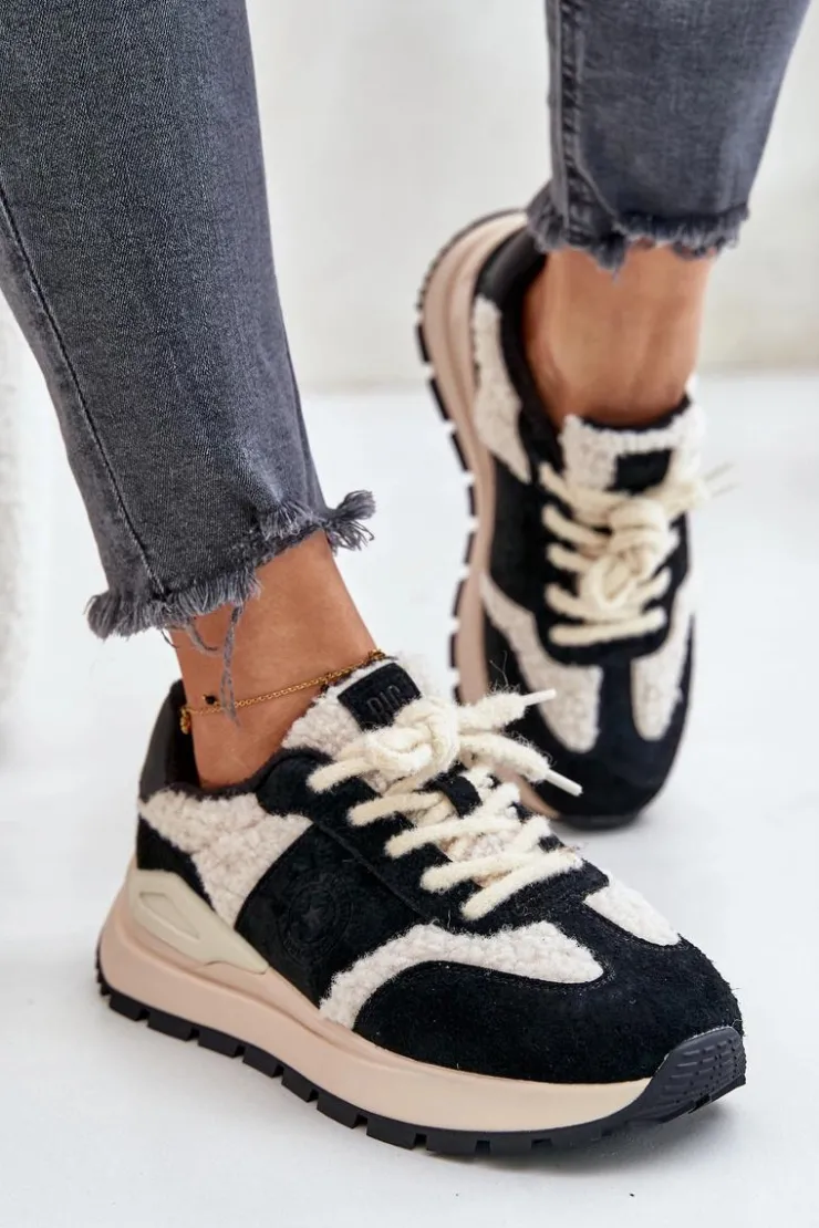 Big Star Shoes Buty Sportowe Big Star|Sneakersy Damskie*Ocieplane Sneakersy Damskie Skórzane Big Star OO274A318 HI-POLY SYSTEM Czarne Czarny