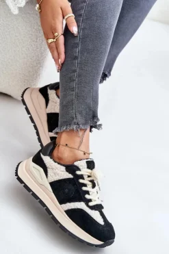 Big Star Shoes Buty Sportowe Big Star|Sneakersy Damskie*Ocieplane Sneakersy Damskie Skórzane Big Star OO274A318 HI-POLY SYSTEM Czarne Czarny