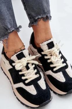 Big Star Shoes Buty Sportowe Big Star|Sneakersy Damskie*Ocieplane Sneakersy Damskie Skórzane Big Star OO274A318 HI-POLY SYSTEM Czarne Czarny