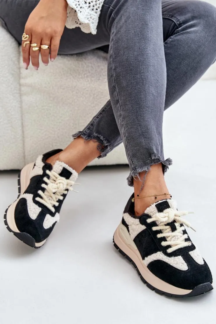 Big Star Shoes Buty Sportowe Big Star|Sneakersy Damskie*Ocieplane Sneakersy Damskie Skórzane Big Star OO274A318 HI-POLY SYSTEM Czarne Czarny