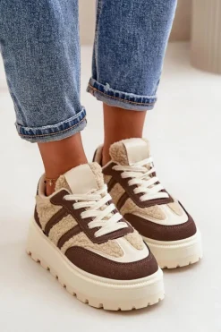 Boto Sneakersy Damskie*Ocieplane Sneakersy Damskie Na Platformie Z Kożuchem Brązowe Daivlene