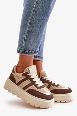 Boto Sneakersy Damskie*Ocieplane Sneakersy Damskie Na Platformie Z Kożuchem Brązowe Daivlene