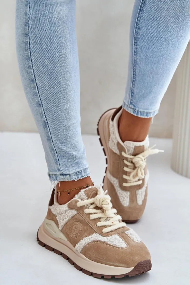 Damskie Big Star Shoes Ocieplane Sneakersy Damskie Skórzane Big Star OO274A317 HI-POLY SYSTEM Beżowe