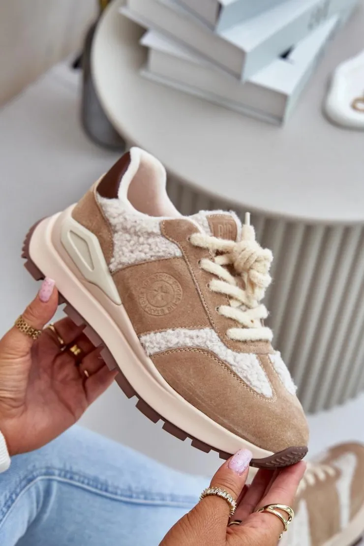 Damskie Big Star Shoes Ocieplane Sneakersy Damskie Skórzane Big Star OO274A317 HI-POLY SYSTEM Beżowe